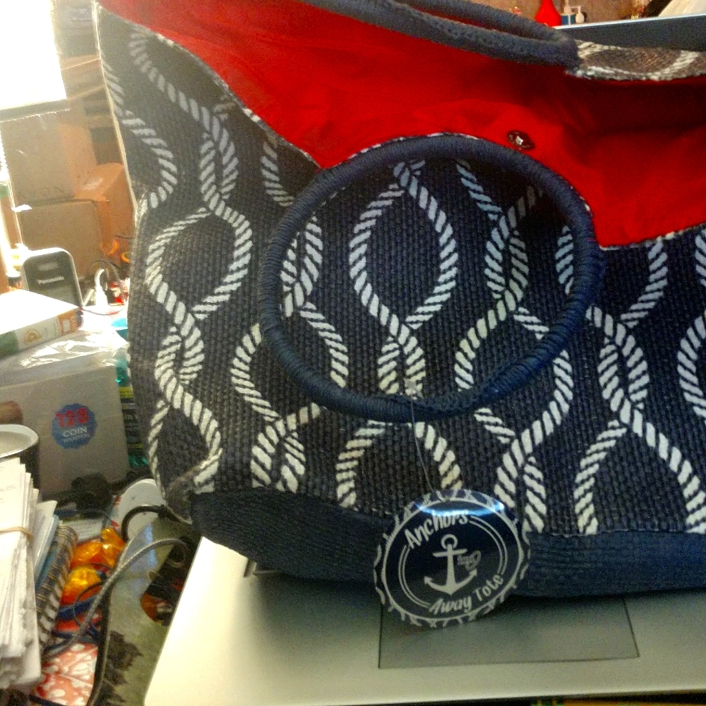 Anchors away oversized tote bag brand new blue and white on the outside with red